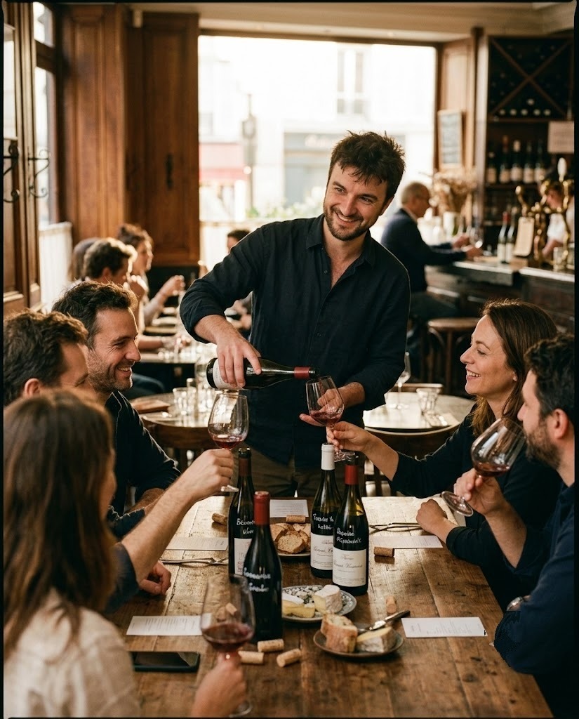 Arthur verse un vin rouge à une tablée de convives souriants dans un bistrot parisien