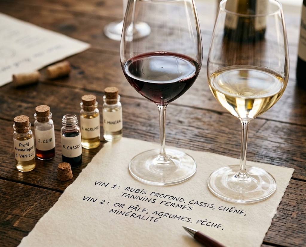 Deux verres de dégustation, rouge et blanc, avec fioles d'arômes et fiches de dégustation annotées