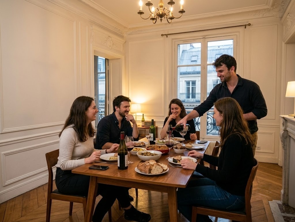 Cinq convives attablés dans un salon parisien pendant qu'Arthur sert un verre de vin rouge